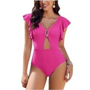 AI'mage Womens One Piece Swimsuit Tummy Control Cutout Ruffle Bathing Suit Sz 8